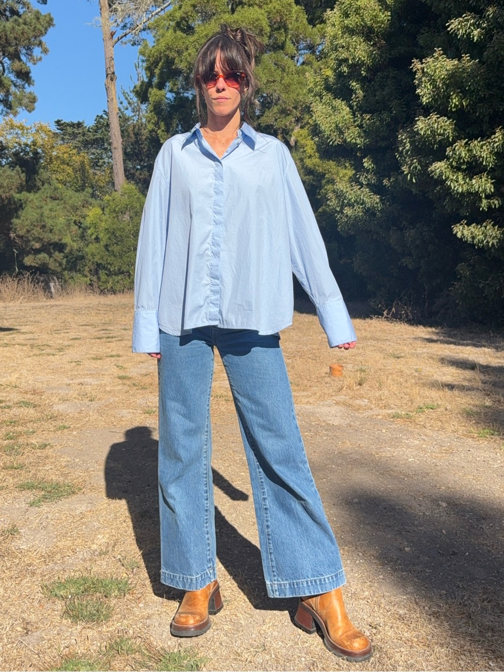 The row oversized light blue button down